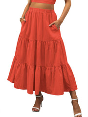 ANRABESS Women’s Summer Boho Flowy Swing Tiered A-Line Maxi Skirt 2025 Fashion Trendy Elastic Waist Pleated Long Beach Dress