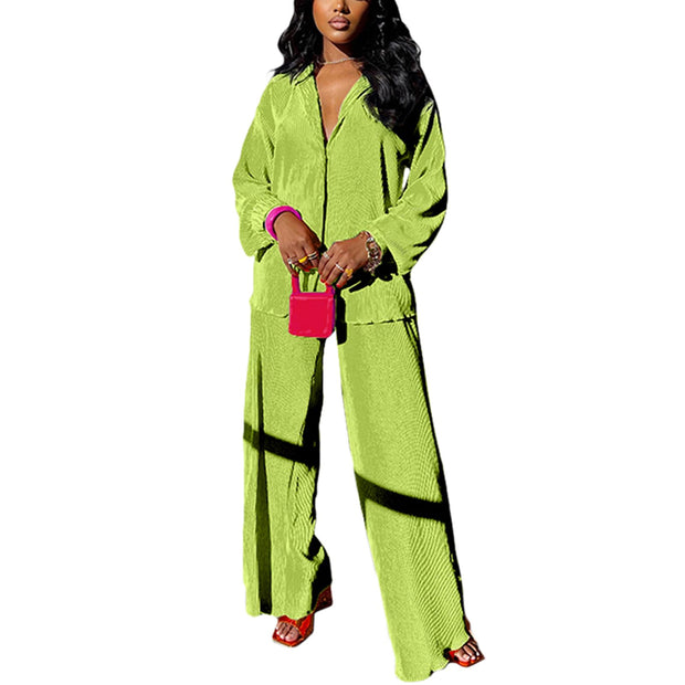 kaimimei Casual 2 Piece Outfit for Women - Linen Long Sleeve Button Down Shirt + Flare Pleated Wide Leg Pants Sets Streetwear