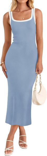 ZESICA Women's 2025 Summer Bodycon Midi Dress Casual Sleeveless Square Neck Side Slit Knit Vacation Long Dresses