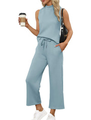 SAMPEEL Two Piece Sets for Women Summer Outfits Lounge Sets Mock Neck Tops Wide Leg Crop Pants Vacation Travel Outfits