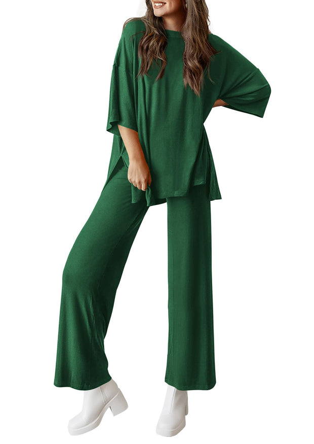 PRETTYGARDEN Women's 2 Piece Outfits Casual Short Sleeve Pullover Tops and Wide Leg Pants Lounge Sets Tracksuits