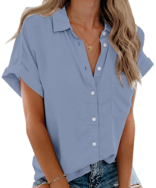 Beautife Womens Short Sleeve Shirts V Neck Collared Button Down Shirt Tops with Pockets