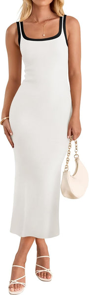 ZESICA Women's 2025 Summer Bodycon Midi Dress Casual Sleeveless Square Neck Side Slit Knit Vacation Long Dresses