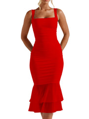 Kaximil Women's Sexy Bodycon Ruched Square Neck Midi Dresses Elegant Sleeveless Ruffle Cocktail Party Dress