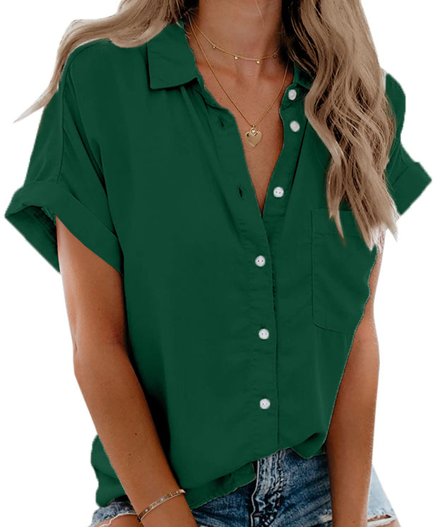 Beautife Womens Short Sleeve Shirts V Neck Collared Button Down Shirt Tops with Pockets