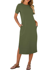 ANRABESS Womens Summer Casual Midi Dress Short Sleeve Crewneck T Shirt Long Dresses Split Stripe Beach Vacation Travel Outfit Small