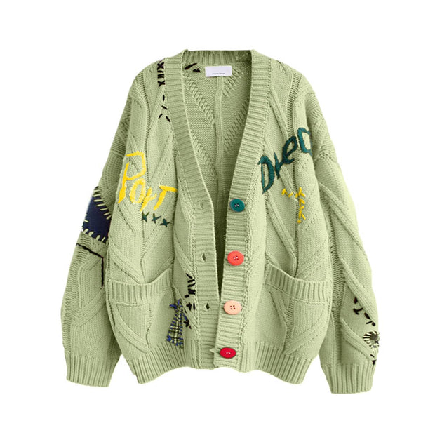 Women's Cable Knit Long Sleeve Open Front Cardigan Sheep V-Neck Button Down Embroidery Wool Blend Sweater Coat Outwear