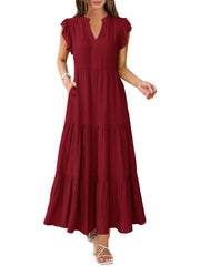 ANRABESS Womens Summer Casual Maxi Dress V Neck Ruffle Sleeve Long Dresses Fashion Flowy Tiered Boho Beach Vacation Sundress Black Large