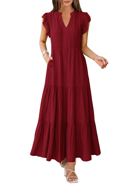 ANRABESS Womens Summer Casual Maxi Dress V Neck Ruffle Sleeve Long Dresses Fashion Flowy Tiered Boho Beach Vacation Sundress Black Large