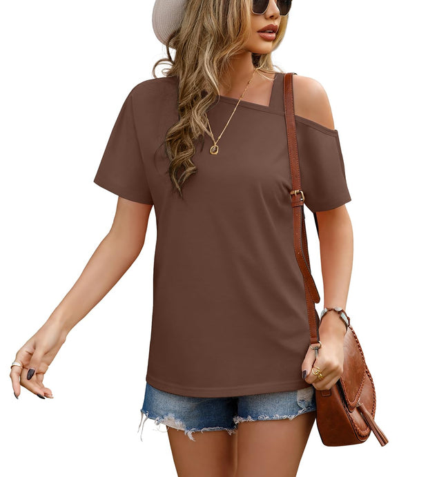 JINKESI Women's Short Sleeve Tunic Tops Casual Summer Cold Shoulder Blouse Shirts