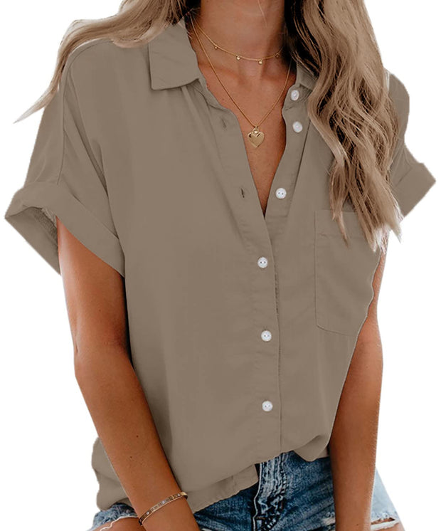 Beautife Womens Short Sleeve Shirts V Neck Collared Button Down Shirt Tops with Pockets
