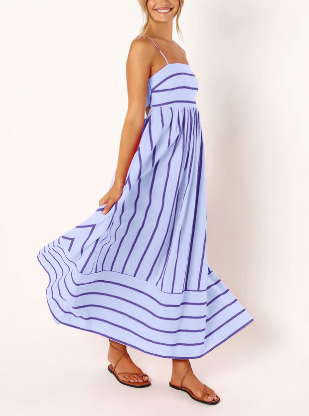 chouyatou Women's Striped Back Smocked Maxi Dress Sexy Spaghetti Strap Cut Out Flowy Swing Long Dress (Small, Apricot)