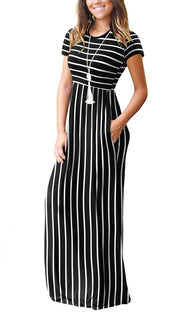 DEARCASE Maxi Dress for Women Black Medium Crewneck Short Sleeves Wedding Guest A-line Casual Party Vintage Spring Summer Beach Long Dresses with Pockets
