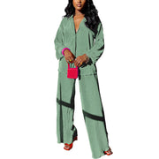 kaimimei Casual 2 Piece Outfit for Women - Linen Long Sleeve Button Down Shirt + Flare Pleated Wide Leg Pants Sets Streetwear