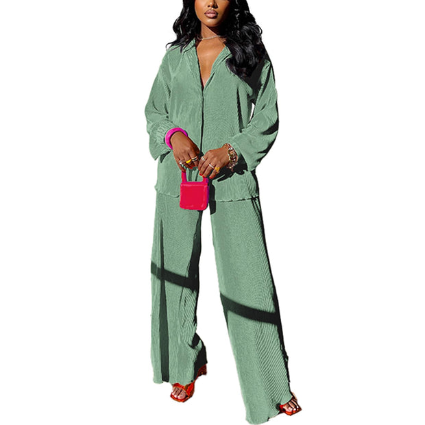 kaimimei Casual 2 Piece Outfit for Women - Linen Long Sleeve Button Down Shirt + Flare Pleated Wide Leg Pants Sets Streetwear