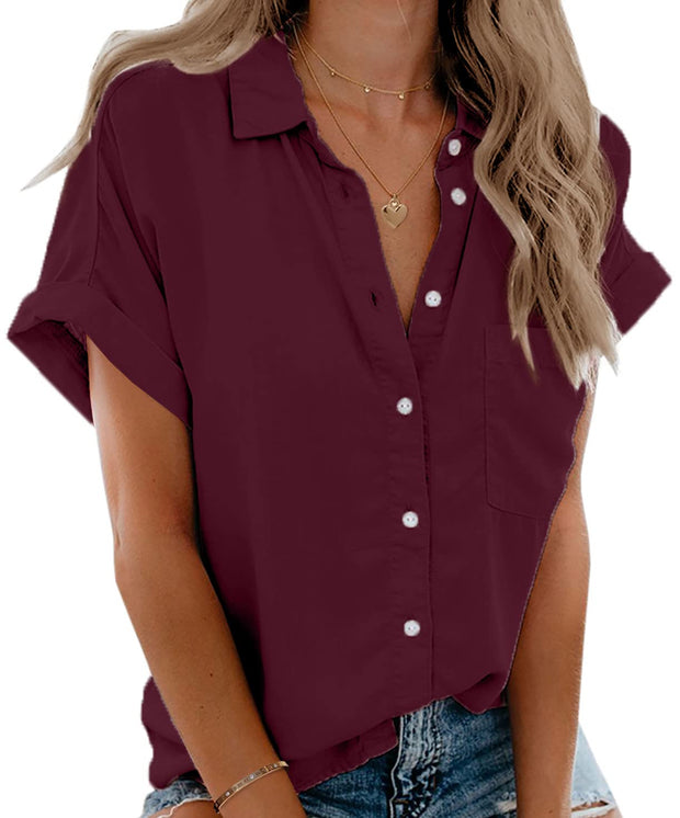 Beautife Womens Short Sleeve Shirts V Neck Collared Button Down Shirt Tops with Pockets