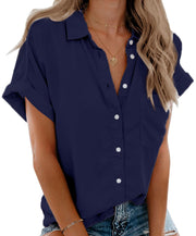 Beautife Womens Short Sleeve Shirts V Neck Collared Button Down Shirt Tops with Pockets