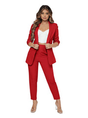 SweatyRocks Women's 2 Piece Solid Ruched Sleeve Blazer and Pants Business Office Suit Set