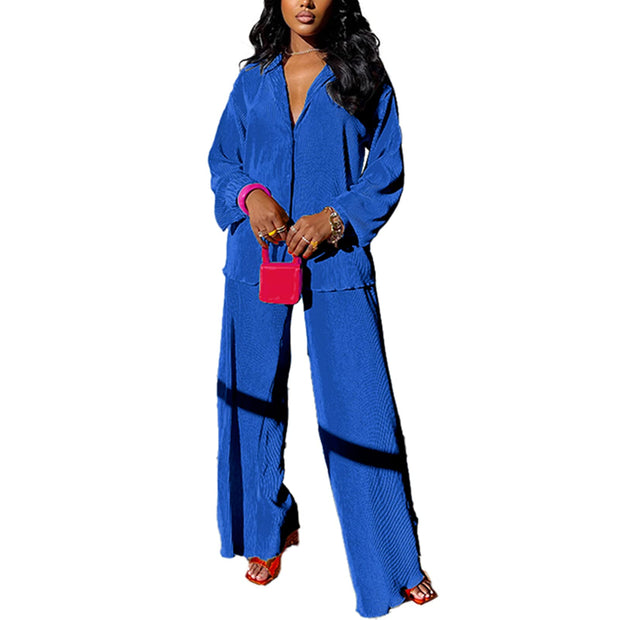 kaimimei Casual 2 Piece Outfit for Women - Linen Long Sleeve Button Down Shirt + Flare Pleated Wide Leg Pants Sets Streetwear