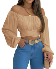 MIRACMODA Woman Off Shoulder Ruched Tie Back Crop Top Summer Lantern Sleeve Boho Shirt Blouse