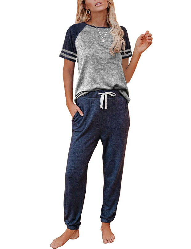 AUTOMET Lounge Sets For Women Two Piece Outfits Loungewear Short Sleeve Crewneck Jogger Pajama Set Sweatpants Tracksuit