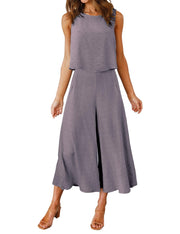 ROYLAMP Women's Summer 2 Piece Outfits Round Neck Crop Basic Top Cropped Wide Leg Pants Set Jumpsuits