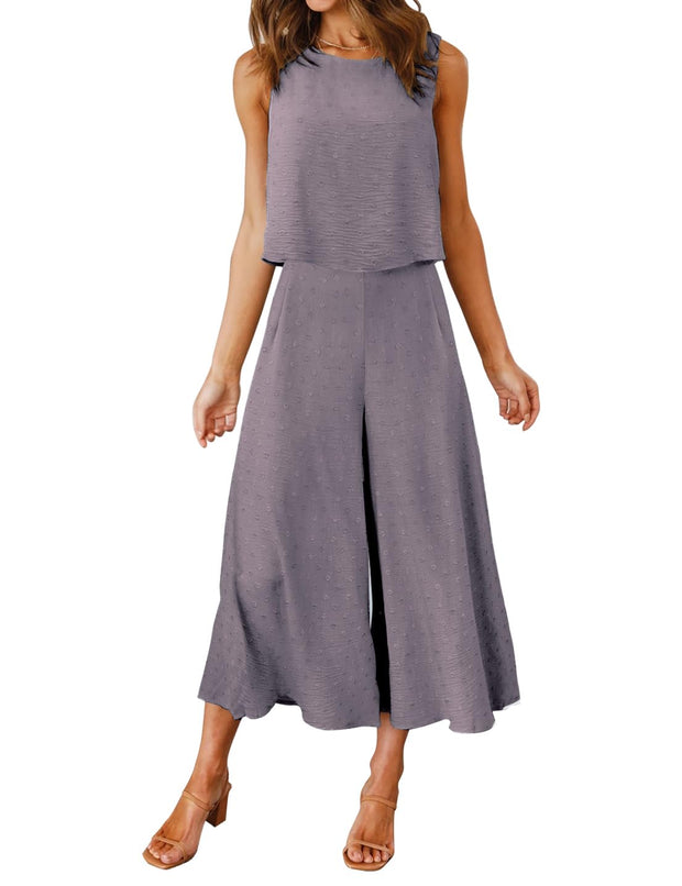 ROYLAMP Women's Summer 2 Piece Outfits Round Neck Crop Basic Top Cropped Wide Leg Pants Set Jumpsuits