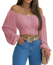 MIRACMODA Woman Off Shoulder Ruched Tie Back Crop Top Summer Lantern Sleeve Boho Shirt Blouse