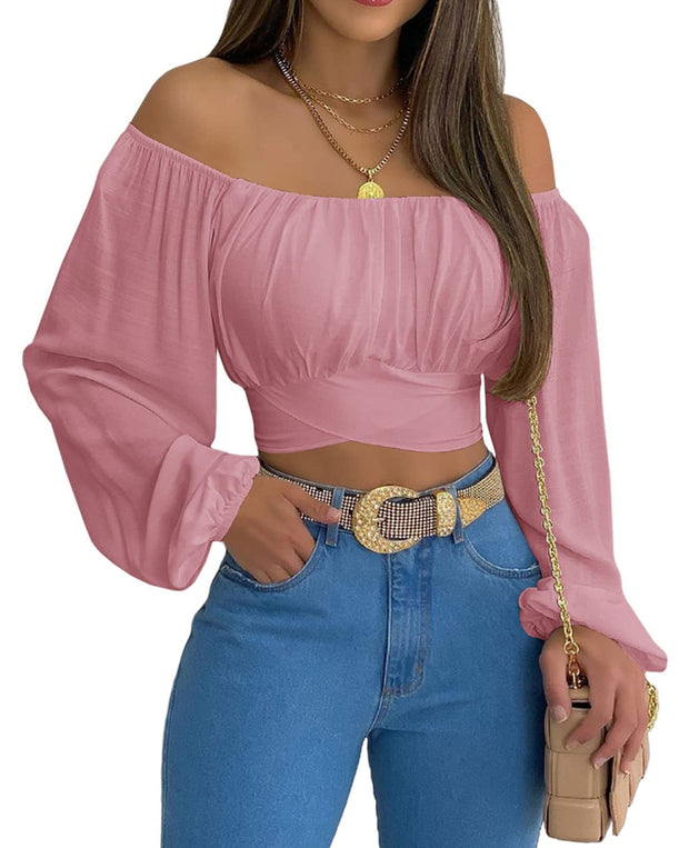 MIRACMODA Woman Off Shoulder Ruched Tie Back Crop Top Summer Lantern Sleeve Boho Shirt Blouse