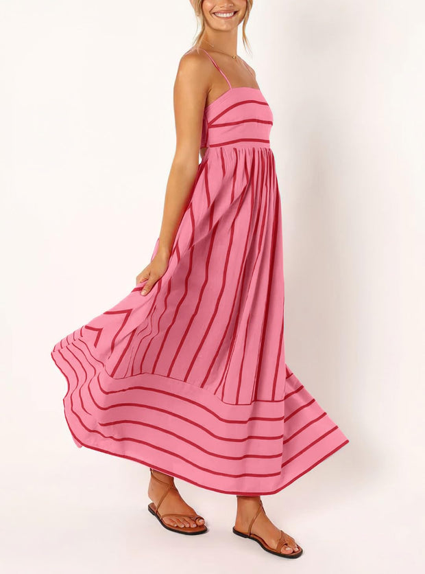chouyatou Women's Striped Back Smocked Maxi Dress Sexy Spaghetti Strap Cut Out Flowy Swing Long Dress (Small, Apricot)