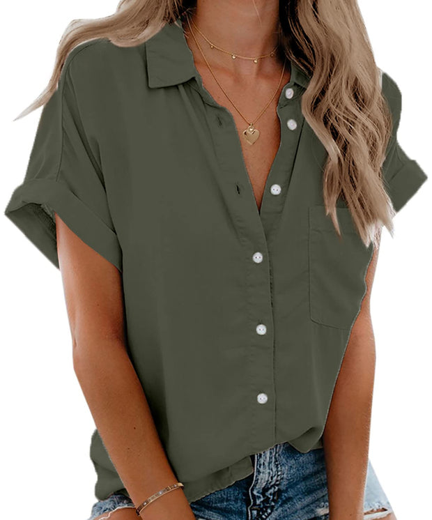 Beautife Womens Short Sleeve Shirts V Neck Collared Button Down Shirt Tops with Pockets