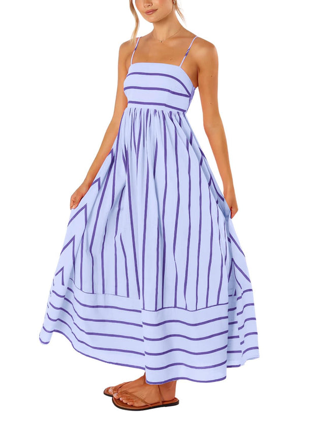 chouyatou Women's Striped Back Smocked Maxi Dress Sexy Spaghetti Strap Cut Out Flowy Swing Long Dress (Small, Apricot)