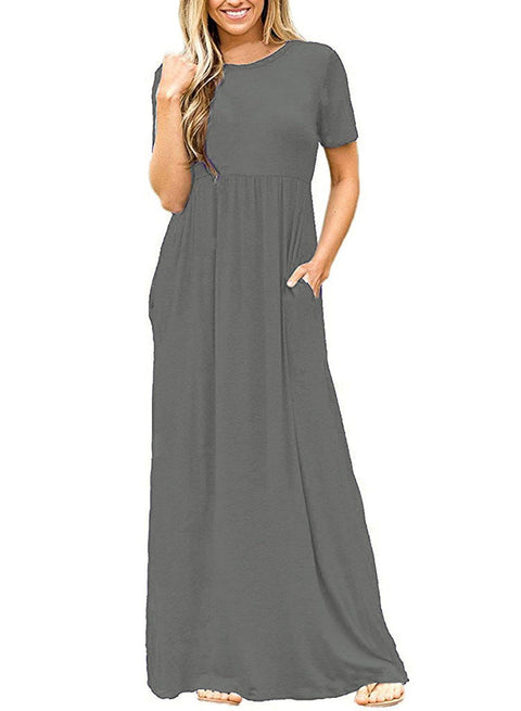DEARCASE Maxi Dress for Women Black Medium Crewneck Short Sleeves Wedding Guest A-line Casual Party Vintage Spring Summer Beach Long Dresses with Pockets