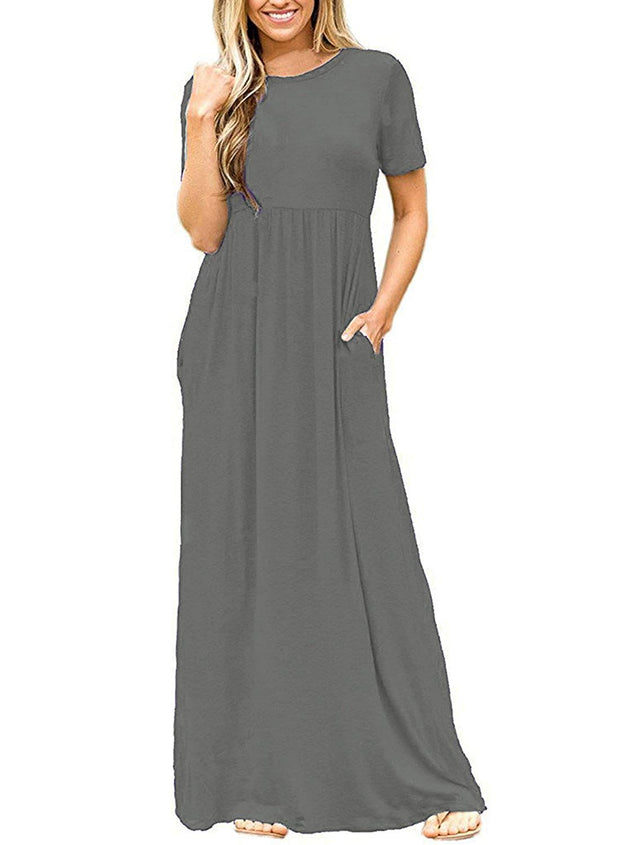 DEARCASE Maxi Dress for Women Black Medium Crewneck Short Sleeves Wedding Guest A-line Casual Party Vintage Spring Summer Beach Long Dresses with Pockets