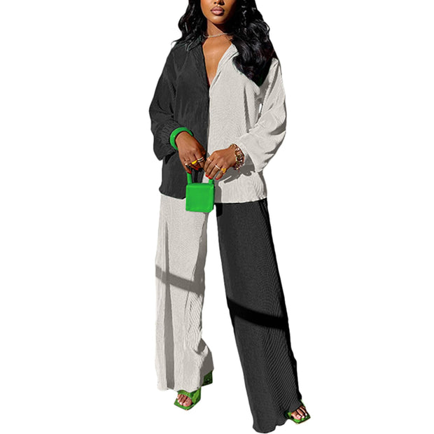 kaimimei Casual 2 Piece Outfit for Women - Linen Long Sleeve Button Down Shirt + Flare Pleated Wide Leg Pants Sets Streetwear