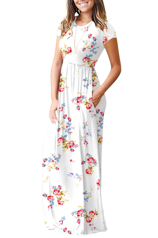 DEARCASE Maxi Dress for Women Black Medium Crewneck Short Sleeves Wedding Guest A-line Casual Party Vintage Spring Summer Beach Long Dresses with Pockets