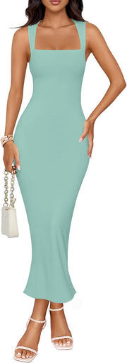 ZESICA Women's Summer Bodycon Midi Dress Sleeveless Square Neck Slim Fit Back Slit Long Cocktail Party Dresses