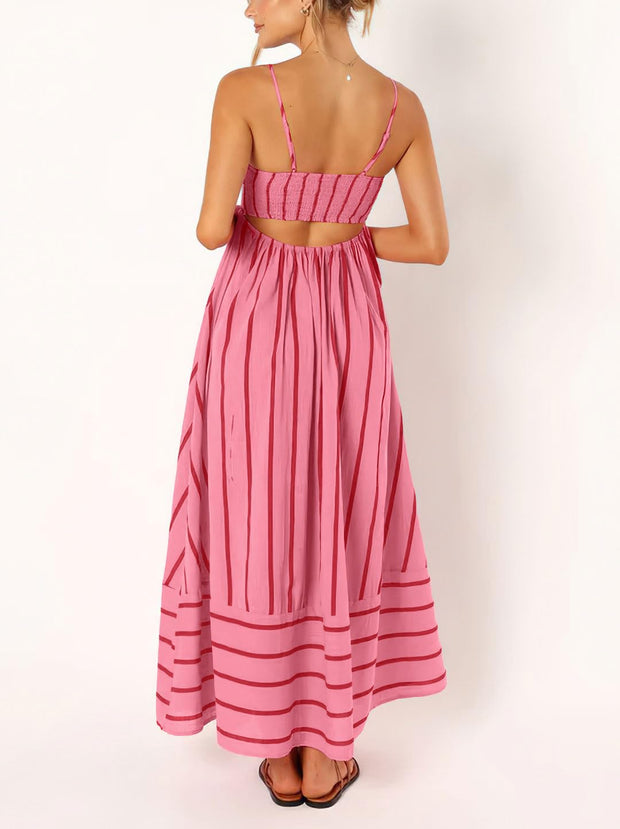 chouyatou Women's Striped Back Smocked Maxi Dress Sexy Spaghetti Strap Cut Out Flowy Swing Long Dress (Small, Apricot)