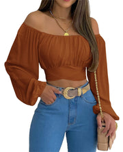 MIRACMODA Woman Off Shoulder Ruched Tie Back Crop Top Summer Lantern Sleeve Boho Shirt Blouse