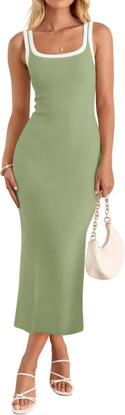 ZESICA Women's 2025 Summer Bodycon Midi Dress Casual Sleeveless Square Neck Side Slit Knit Vacation Long Dresses