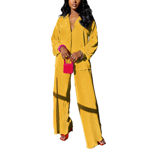 kaimimei Casual 2 Piece Outfit for Women - Linen Long Sleeve Button Down Shirt + Flare Pleated Wide Leg Pants Sets Streetwear