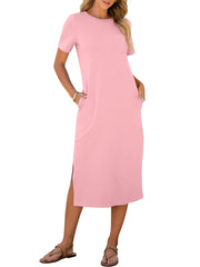 ANRABESS Womens Summer Casual Midi Dress Short Sleeve Crewneck T Shirt Long Dresses Split Stripe Beach Vacation Travel Outfit Small
