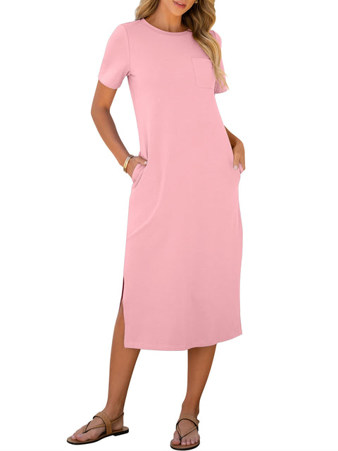 ANRABESS Womens Summer Casual Midi Dress Short Sleeve Crewneck T Shirt Long Dresses Split Stripe Beach Vacation Travel Outfit Small