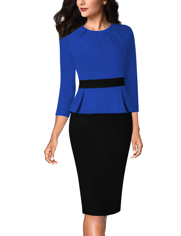 VFSHOW Womens Pleated Crew Neck Peplum Work Business Office Bodycon Pencil Sheath Dress