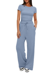 Darong Women's 2 Piece Outfits Lounge Sets Ruched Short Sleeve Tops High Waisted Wide Leg Pants Tracksuit Sets