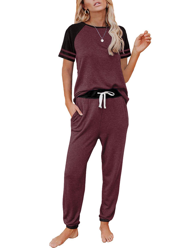 AUTOMET Lounge Sets For Women Two Piece Outfits Loungewear Short Sleeve Crewneck Jogger Pajama Set Sweatpants Tracksuit