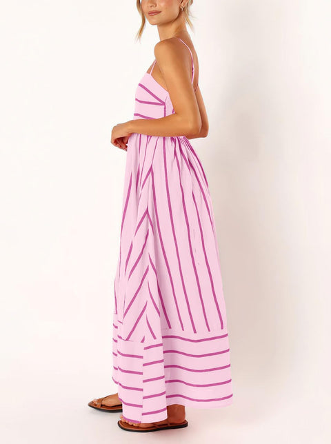 chouyatou Women's Striped Back Smocked Maxi Dress Sexy Spaghetti Strap Cut Out Flowy Swing Long Dress (Small, Apricot)