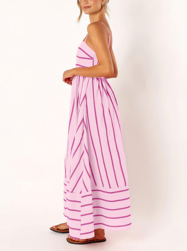 chouyatou Women's Striped Back Smocked Maxi Dress Sexy Spaghetti Strap Cut Out Flowy Swing Long Dress (Small, Apricot)