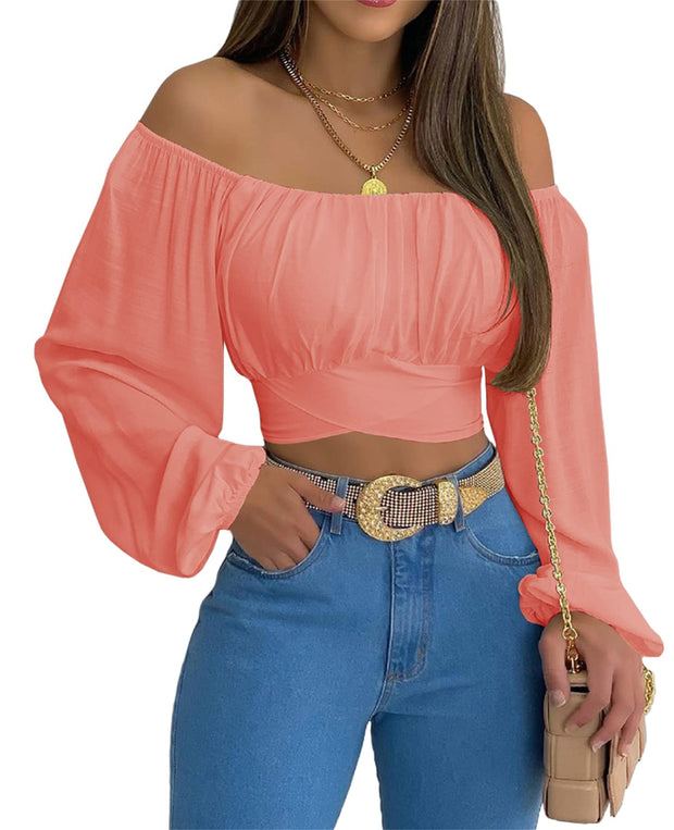 MIRACMODA Woman Off Shoulder Ruched Tie Back Crop Top Summer Lantern Sleeve Boho Shirt Blouse