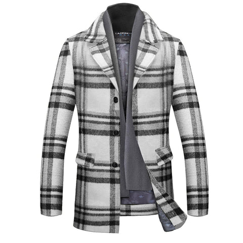 INVACHI Men's Wool Blend Pea Coat Warm Winter Trench Coat with Detachable Soft Scarf Single Breasted Overcoat